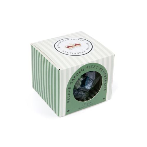 Green striped packaging with Buckingham Palace Garden Fizzy Blueberries and wiindow with sweets inside.  