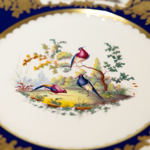 Image of the Prestige Sevres Cobalt Plate on stand, featuring three exotic birds at centre and cobalt blue edging with detailing. 