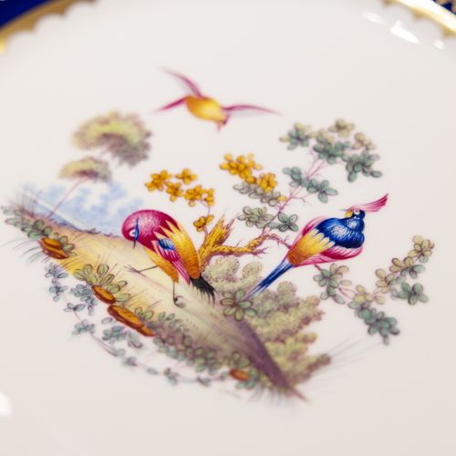 Image of the Prestige Sevres Cobalt Plate on stand, featuring three exotic birds at centre and cobalt blue edging with detailing. 