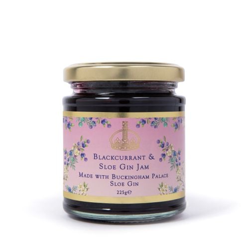 Pink wrapped Blackcurrant and Sloe Gin Jam jar with a floral pattern and gold lining. 