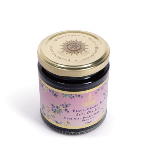 Pink wrapped Blackcurrant and Sloe Gin Jam jar with a floral pattern and gold lining. 