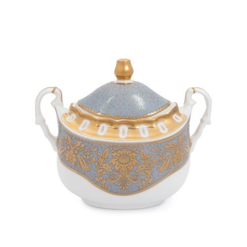 Acanthus Grey Sugar Bowl with ornate gold detailing and handles. 