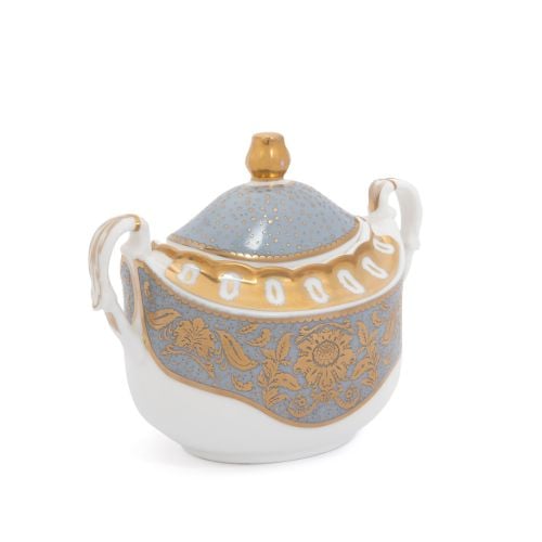 Acanthus Grey Sugar Bowl with ornate gold detailing and handles. 