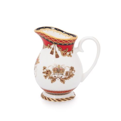 This Livery Cream Jug featuring the crown detail and a deep, rich scarlet edge and navy border with contrasting fine gold details, inspired by the intricate decorative braiding of hand-sewn livery and regimental devices of ceremonial uniform