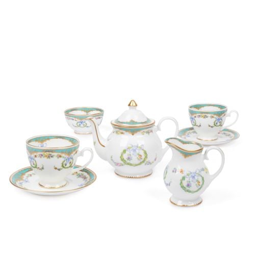 The Great Exhibition fine bone china tea set for two  with a design featuring gold plated rims, gold decorative and pastel coloured floral patterns, featuring two tea cups and saucers, milk jug, sugar bowl and teapot. 