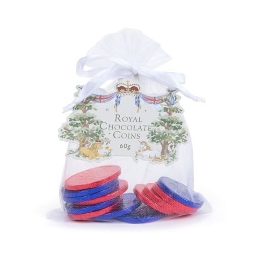 Royal Chocolate coins in a bag featuring red and blue coins. 