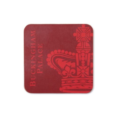 Red Buckingham Palace red coaster with crown motif. 