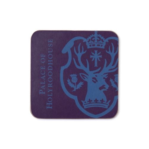 Purple Palace of Holyroodhouse coaster with stag emblem printed on it. 