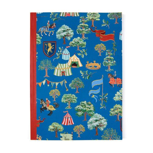 Blue shaded notebook featuring handrawn illustrtaion of knights on horseback, shields, trees, flags and tents, 