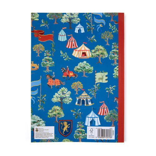 Blue shaded notebook featuring handrawn illustrtaion of knights on horseback, shields, trees, flags and tents, 