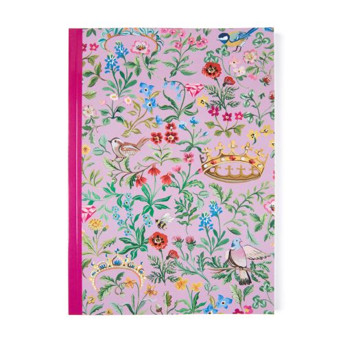 Front of pink note book with pattern featuring flowers, birds, bees, crowns and tiaras. 