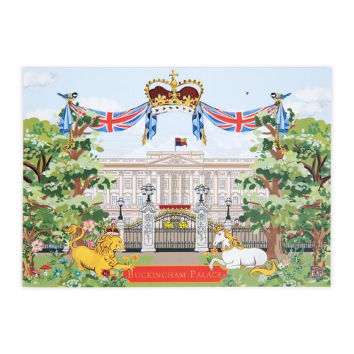 Illustration of Buckingham Palace featuring trees, a lion and unicorn as well as the Royal Standard . 