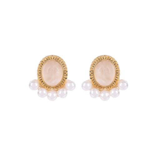 Gold earrings with pink stone rose quartz at centre studding with freshwater pearls below. 