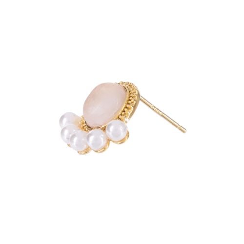 Gold earrings with pink stone rose quartz at centre studding with freshwater pearls below. 