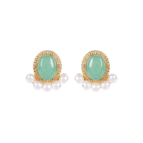 Gold earrings studded with large green gem and selection of pearls below. 