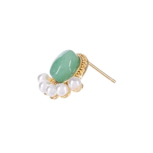 Gold earrings studded with large green gem and selection of pearls below. 