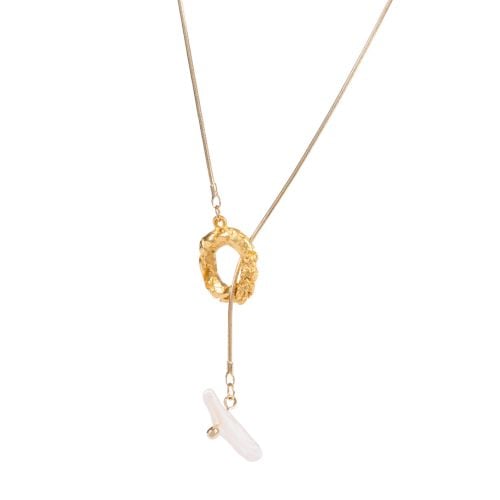 Gold necklace with a molten gold hoop with a long pearl through it that acts to connect the necklace. 