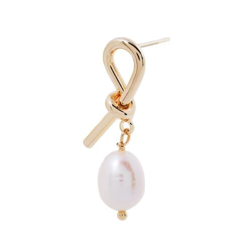 Two old brass shaped  earrings in a knot with a pearl drop. 