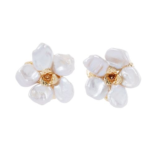 Stud earrings with pearl petals and and large central gold stud. 