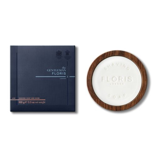 Floris No89 Gentlemans shaving soap set with wooden soap bowl with Floris printed in and blue packaging to left of product. 