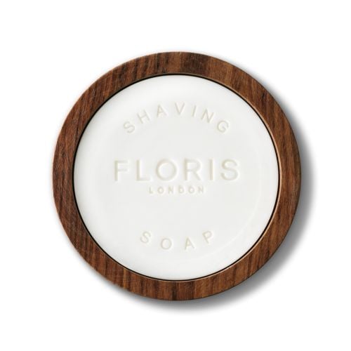 Floris No89 Gentlemans shaving soap set with wooden soap bowl with Floris printed in and blue packaging to left of product. 