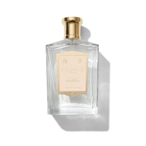 Floris Bouquet De La Reine Eau De Toillette bottle with gold label featuring royal warrants with gold lid. 