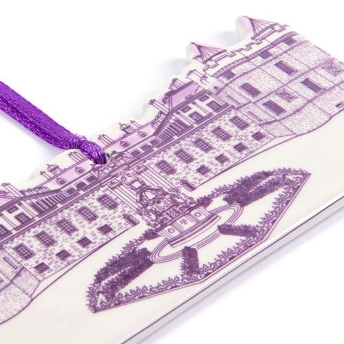 Front of the Palace of Holyroodhouse Clay Christmas Decoration with purple facade. 