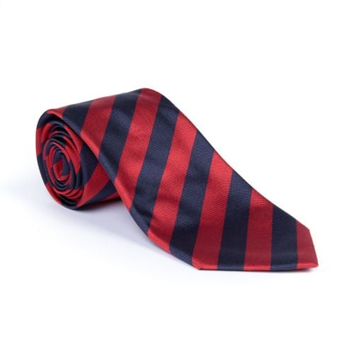 Rolled up navy and red striped tie. 