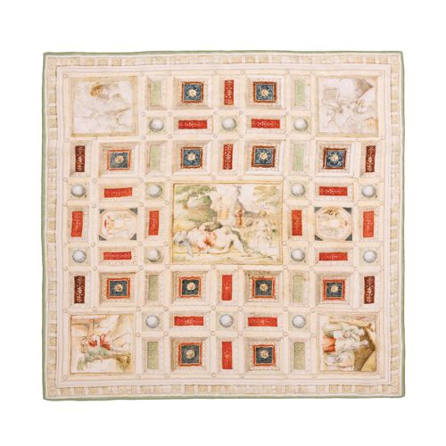 DIR Scarf featuring intricate coffered ceiling design with scenes isnpired by the drawings featured in teh exhibition. 