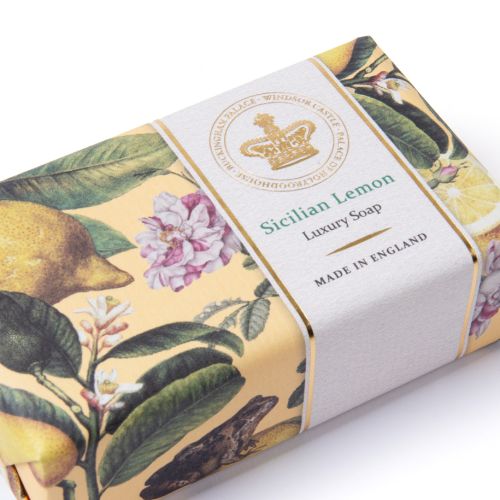 Yellow Sicilian Lemon Soap bar, with gold embossed crown and a lemon floral pattern. 