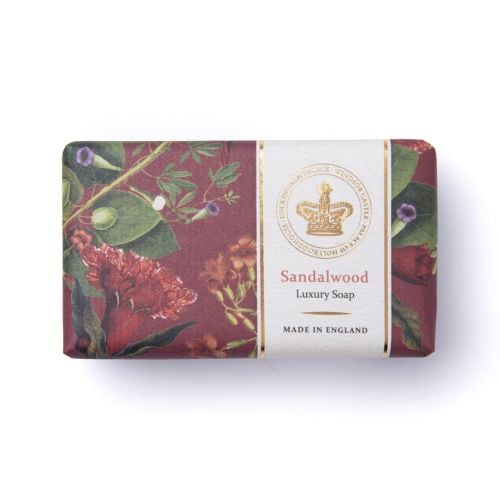 Sandalwood luxury soap with burgundy floral pattern and gold embossed grown. 