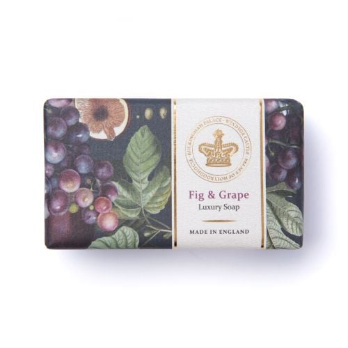 Purple patterned Fig & Grape Soap bar with golden crowen embossed on the label and "Made in England" printed below. 