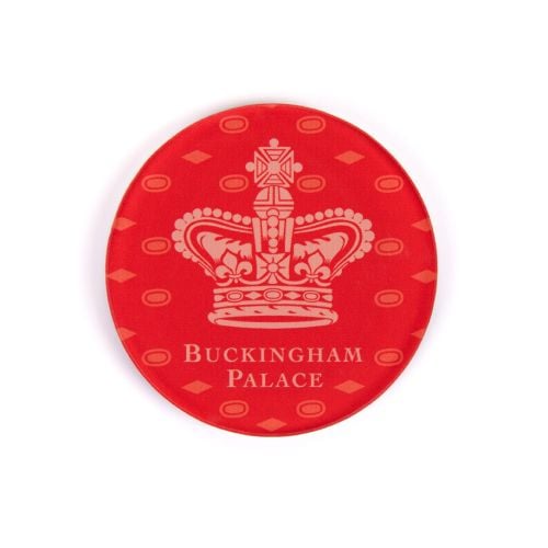 Smal round red Buckingham Palace Crown Magnet with pattern. 