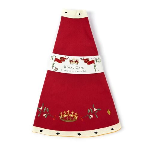 Red Children's cape with festive design decorated crowns and mistletoe. 