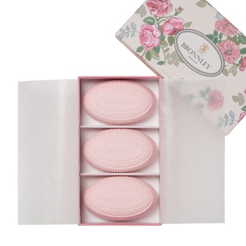 Bronnley Rose patterned box with trio of pink soaps. 