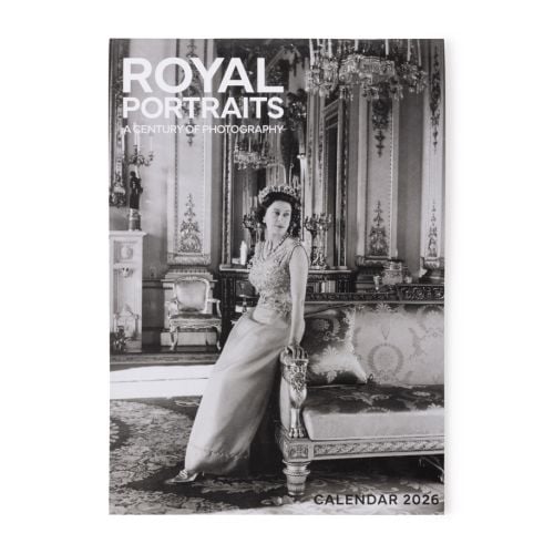 2026 Royal Portraits Calendar front cover, acconmpanying the exhibition of the same name featuring a black and white photo of Queen Elizabeth II by Cecil Beaton, 1968. 