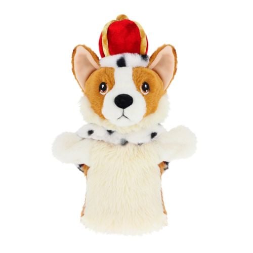 Corgi hand puppet with red crown, fur lined cape. 