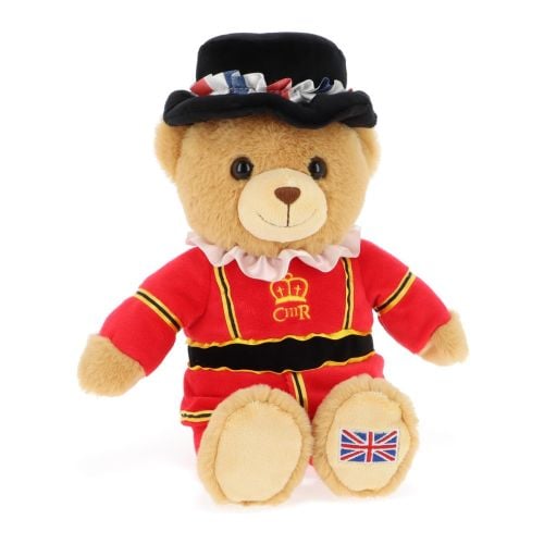 Brown bear teddy with black beafeater hat and outfit with King Charles III cypher.