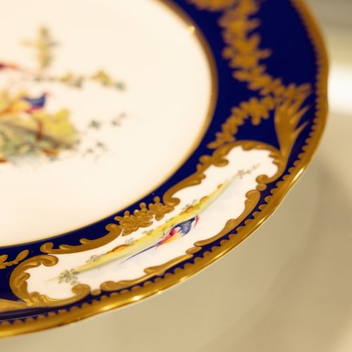 Image of the Prestige Sevres Cobalt Plate on stand, featuring three exotic birds at centre and cobalt blue edging with detailing. 