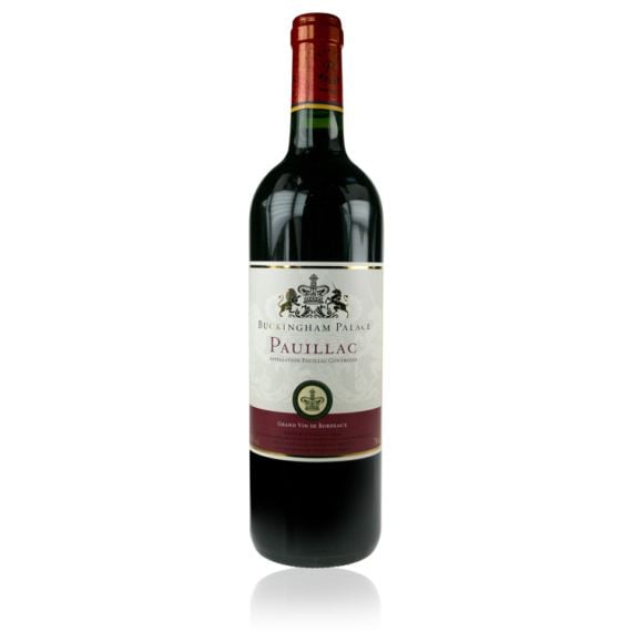 glass bottle of red wine with 'Buckingham Palace' label