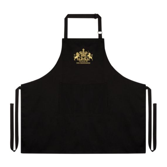 black apron embroidered with the unicorn and lion crest and the words 'Palace of Holyroodhouse' in gold threads