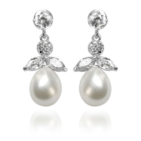 Pair of drop crystal earrings featuring a tear drop natural colour pearl supported by leave and circle shaped crystals. 