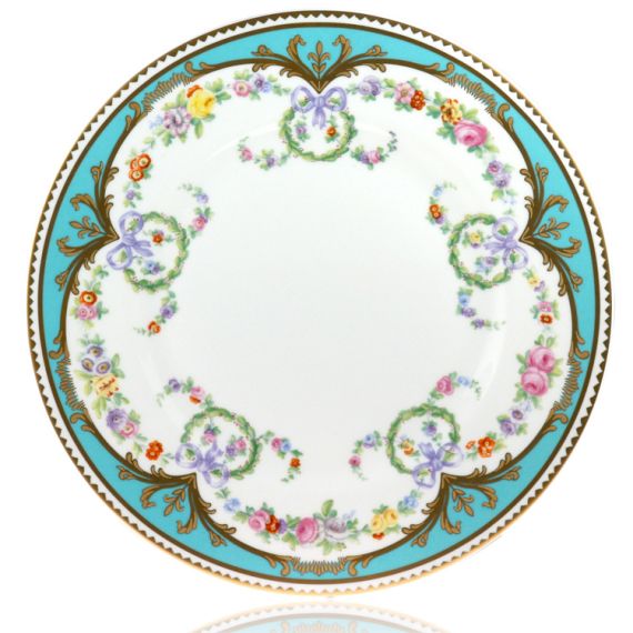 Great Exhibition fine bone china salad plate with a design featuring gold plated rims, gold decorative and pastel coloured floral patterns. 