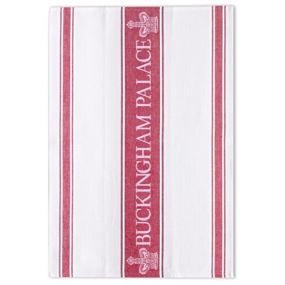 White waffle tea towel with red stripes. Middle red stripe has 'Buckingham Palace' written in white and crowns either side. 