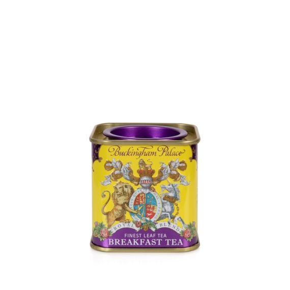 Small tin Breakfast Tea tea caddy with a purple and yellow design and a lion and unicorn crest at the centre of the design