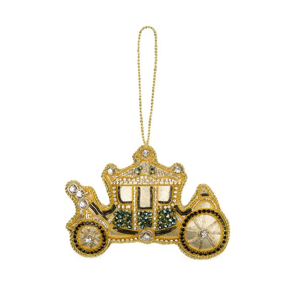 Christmas decoration of a green and gold jewelled coach