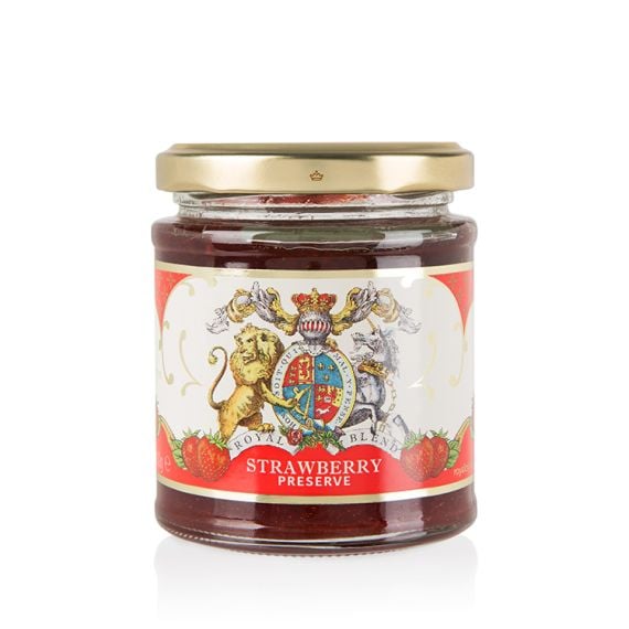 glass jar of strawberry jam with a Buckingham Palace royal crest label round the jar 