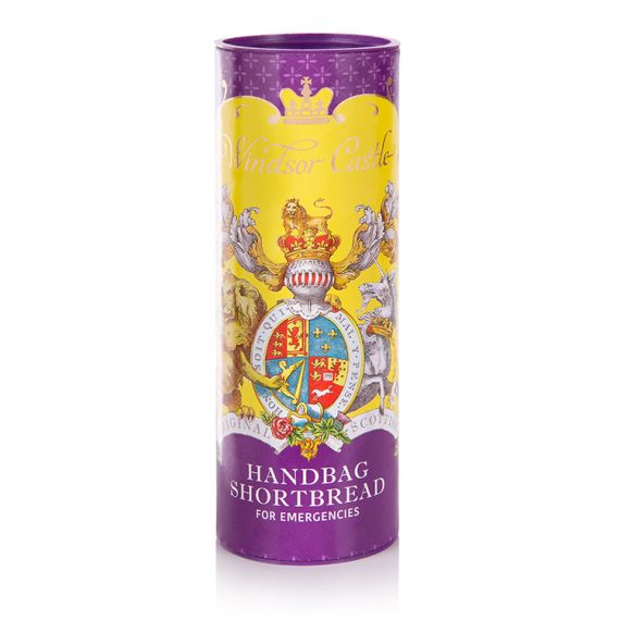 Yellow and purple packaging with Palace of Holyroodhouse coat of arms. 