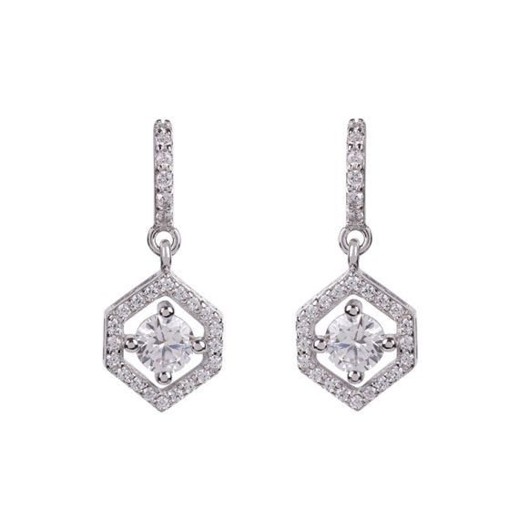 Hexagon shaped drop earrings with a crystal centre