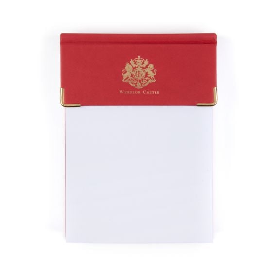 Windsor Castle Red Note Jotter Pad, with red band and gold Windor Castle crest at the top, with space for Notes and Memos at the bottom. 